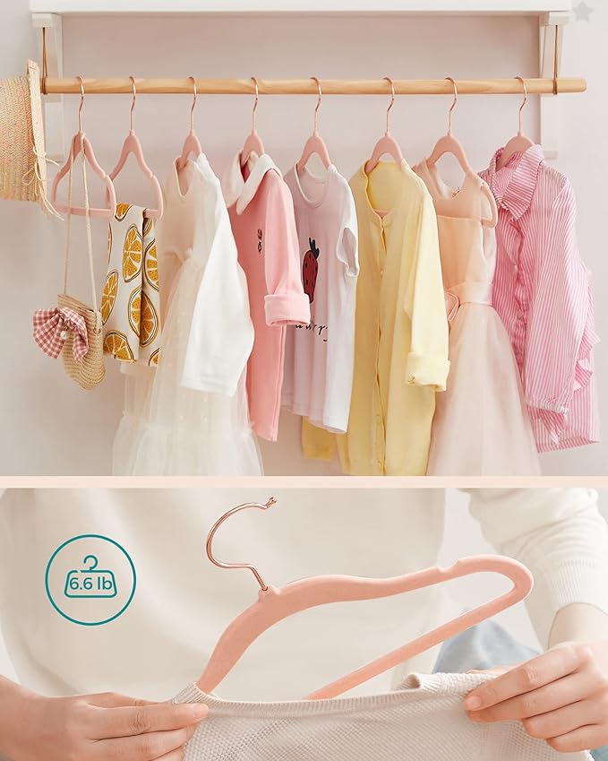 SONGMICS Baby Hangers 30 Pack, Kids Hangers for Closet, 11.8 x 8.1 Inches, Rose Gold 360° Swivel Hooks, Space-Saving Clothes Hangers, Velvet Hangers for Nursery, Non-Slip, Jelly Pink UCRF027P30