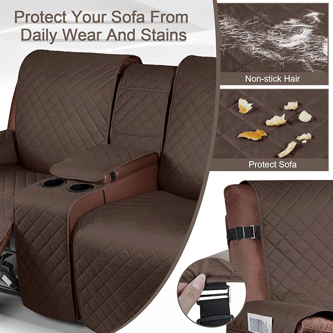 KinCam 100% Waterproof Recliner Loveseat Cover with Console, Non-Slip Reclining Couch Covers for 2 Seat, Recliner Sofa Cover Furniture Protector with Elastic Straps for Kids, Pets, Deep Brown