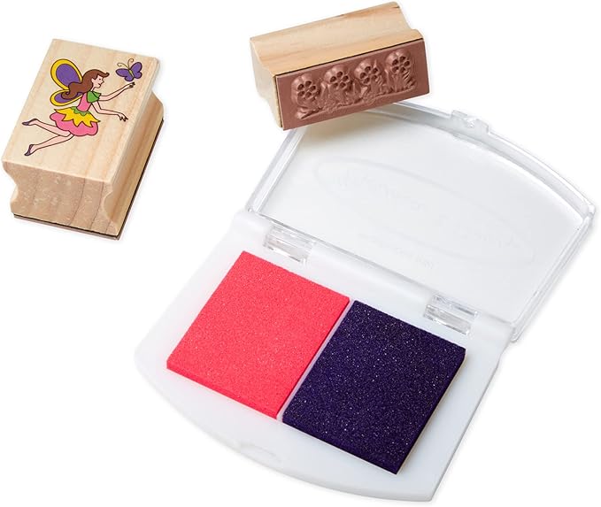 Melissa & Doug Stamp-a-Scene Stamp Pad: Fairy Garden - 20 Wooden Stamps, 5 Colored Pencils, and 2-Color Stamp Pad