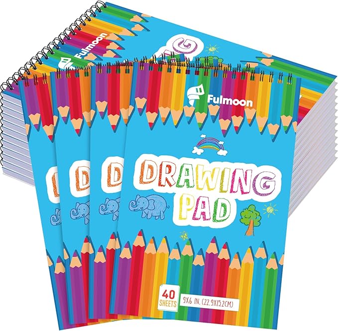 Fulmoon 12 Pack Drawing Pad for Kids Sketch Pads 40 Sheets Top Spiral Drawing Books Bulk 6 x 9 Inch Children Coloring Paper for Crayons Pencils School Kid Painting Party Art Supplies
