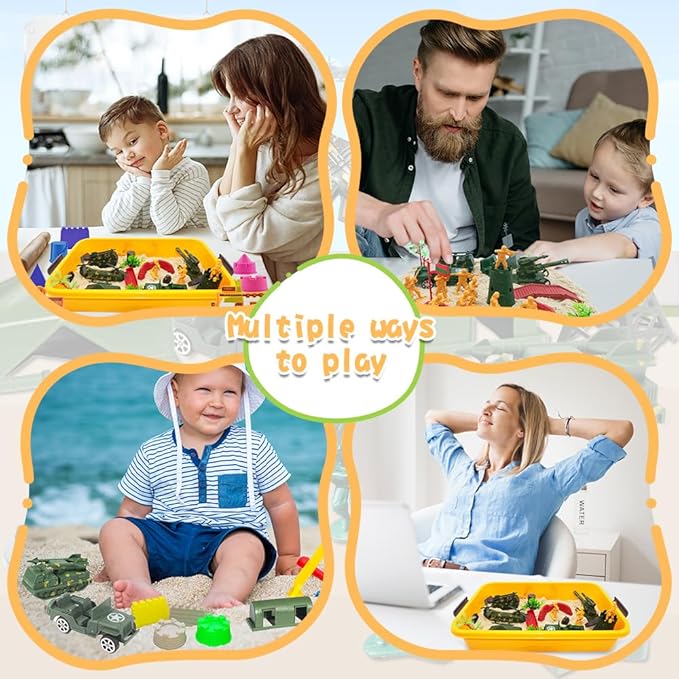 Army Play Sand Art Kit, Military Sensory Bin Filler, Sensory Bins for Toddler 3-4, with Army Men Action Figures Toys, 2.2lbs Magic Sand, Sandbox Toys for Toddlers 1-3, Sensory Sand Kit for Kids Boys