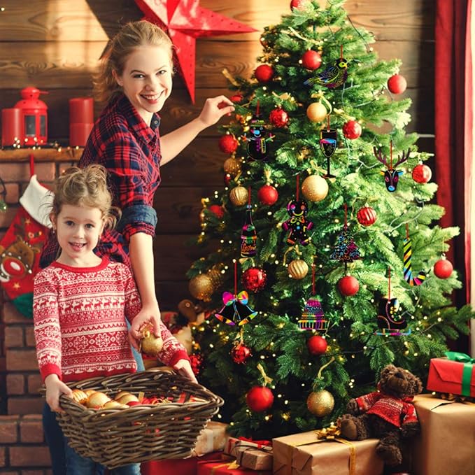 XJF Christmas Scratch Paper Ornaments, 22pcs Christmas Scratch Art Paper for Kids Toddlers Party and Xmas Tree Decoration Gift Tags Supplies