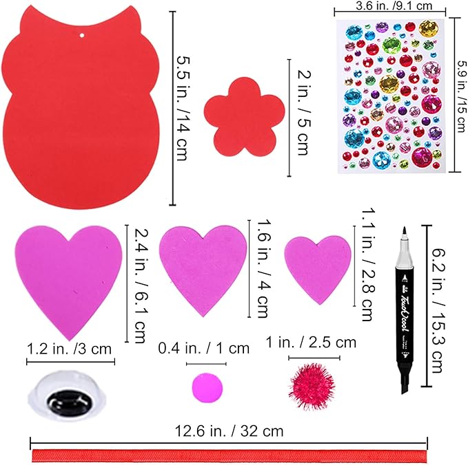 Winlyn 24 Sets Valentine Decorations DIY Heart Owl Ornaments Valentine Craft Kit Valentine Owl Art Sets Hearts Foam Valentine Stickers for Kids Valentine's Day Party Classroom Activities Gift Exchange