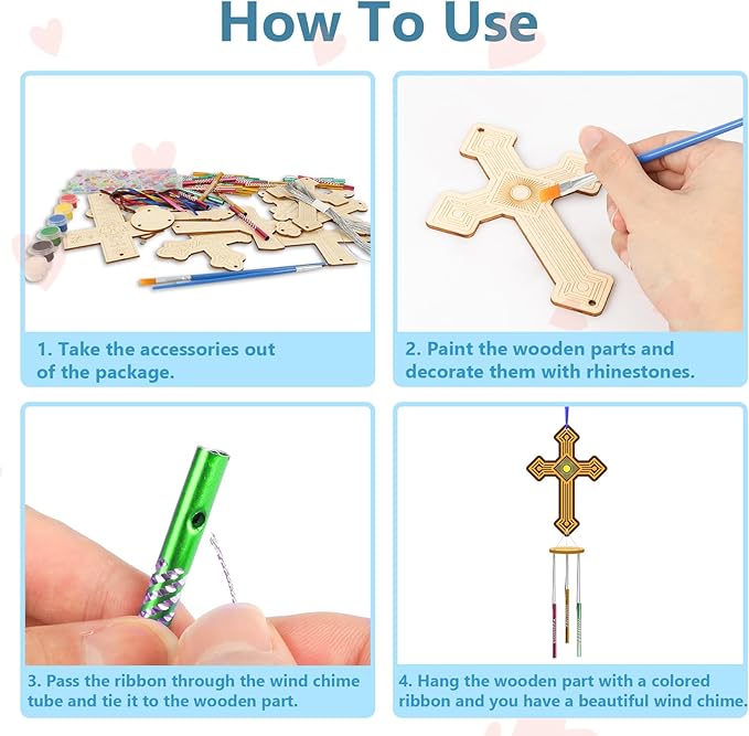 Fennoral 9 Pack Cross Wind Chime Kit for Kids Make You Own Easter Cross Wind Chimes DIY Wooden Crafts to Paint for Art Activities Easter Decoration Birthday Gift