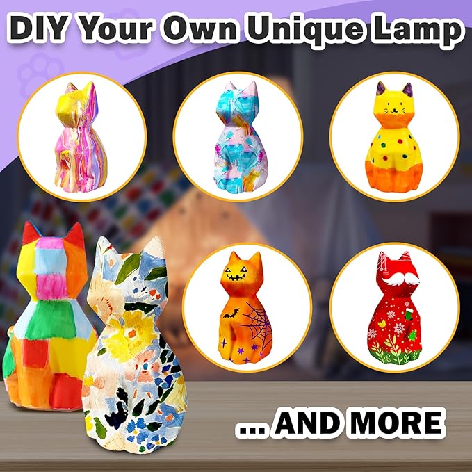 FUNZBO 2Pcs Paint Your Own Cat Lamp - Arts and Crafts for Kids Teens Adults, Art Supplies Painting Kits, Halloween Toy Gift for Girl Boy Ages 3+ Years Old
