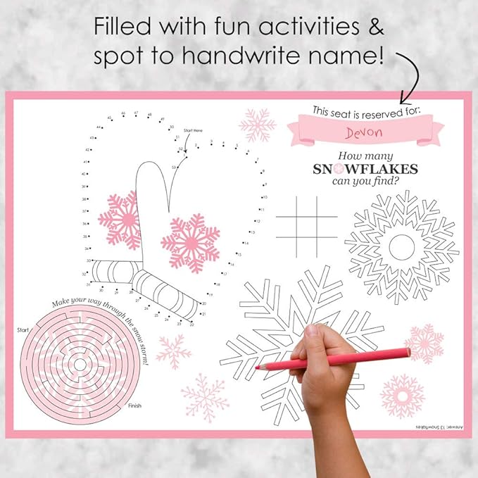 Big Dot of Happiness Pink Winter Wonderland - Paper Holiday Snowflake Birthday Party and Baby Shower Coloring Sheets - Activity Placemats - Set of 16
