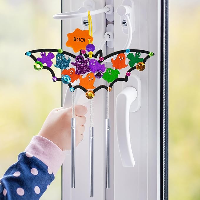 Winlyn 24 Sets Halloween Crafts Fall Crafts Halloween Bat Craft Kits DIY Wooden Bat Wind Chimes Ornaments Craft Kits for Kids Classroom Activities Art Project Halloween Decorations Party Favors