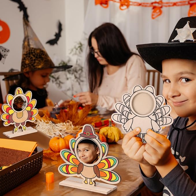 Jetec 12 Sets Thanksgiving Turkey Craft for Kids Color Your Own Thanksgiving Wooden Picture Frame Craft DIY Thanksgiving Turkey Wood Decorations Craft for Classroom Home Activities Party Favor Gifts