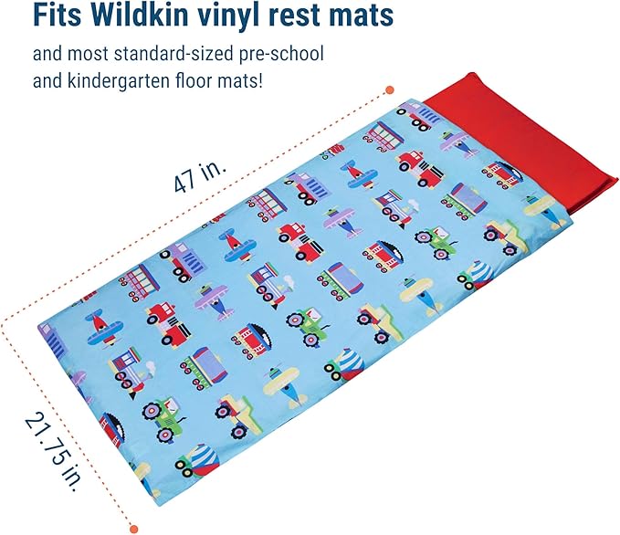 Wildkin Kids Nap Mat Cover for Boys & Girls, Sewn-in Flap Design Rest Mat Cover, Perfect for Preschool, Fits Our Vinyl Nap Mat up to 1.5 Inches Including Basic Sleep Mat (Trains, Planes & Trucks)