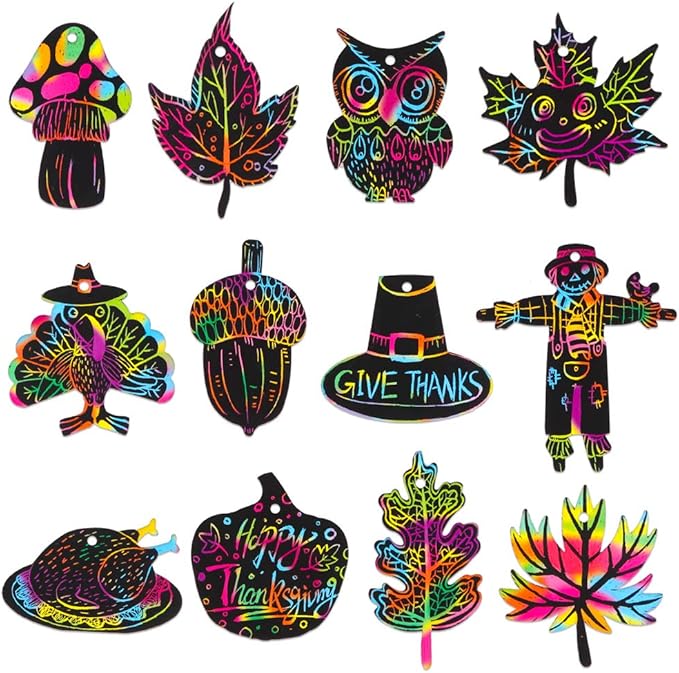Hohomark Thanksgiving Scratch Off Cards - 24PCS Thanksgiving Crafts for Kids DIY Rainbow Scratch Paper for Thanksgiving Party Thanksgiving Arts and Crafts for Kids