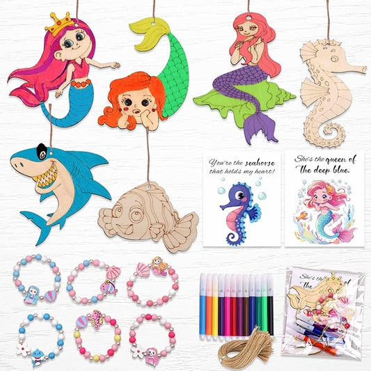 SOSAZOZA 12 Pack Mermaid Party Favors, Wooden Ornaments for Crafts, Chrismas Gifts Set, Mermaid Party Supplies, Mermaid Birthday Party Favors, Includes Mermaid Bracelet, Colored Pen, Card, Rope