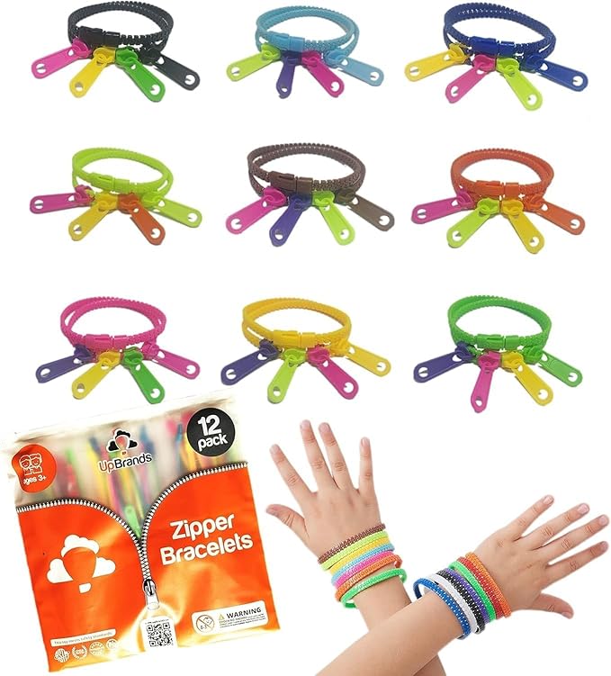 UpBrands Quiet Prizes for Kids Classroom Double Tour Zipper Bracelets, School Rewards, Party Favors for Kids, Goodie Bags, Easter Egg Basket Stuffers (Unicolor)