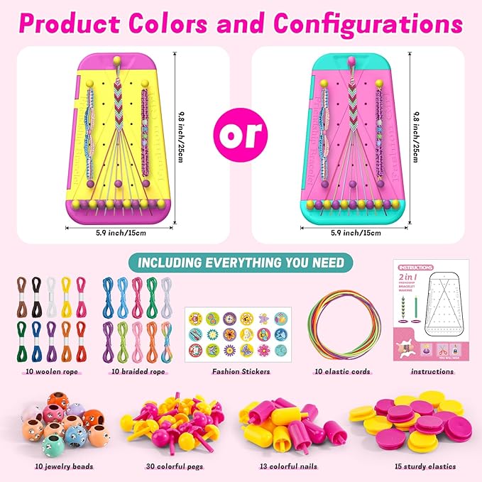 Friendship Bracelet Making Kit Toys ,DIY Arts and Crafts for Kids Ages 6-12,2 in 1 Bracelets String Maker Toys Set,Jewelry String Maker Kit,Christmas Birthday Gifts for Girl 8-12 Years Old (Yellow)