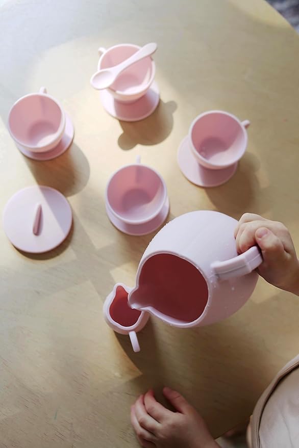 Marlowe & Co Silicone Tea Play Set for Children, 12 Piece Dishwasher Safe Tea Gift Set for Toddlers (Primrose Pink)