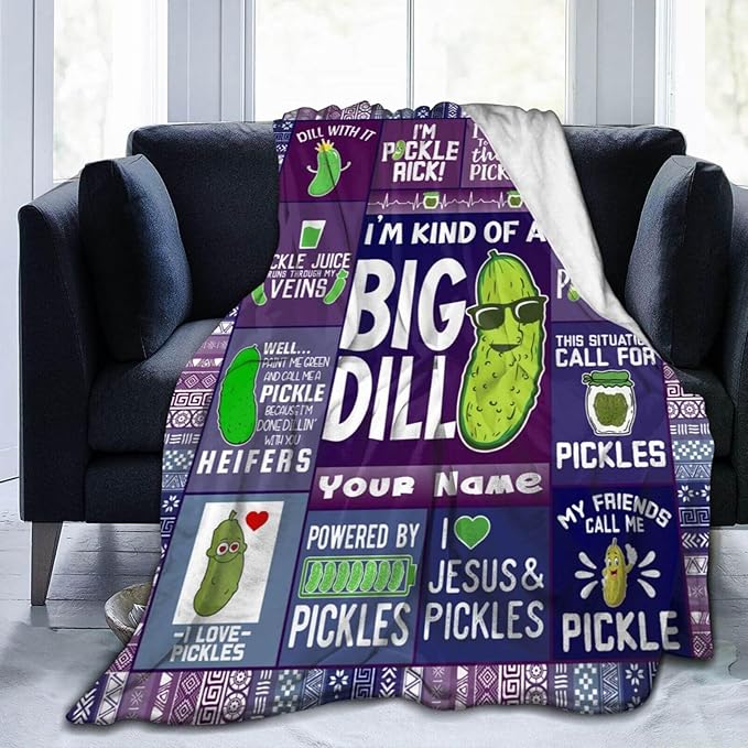 Custom Pickle Blanket with Name for Women Men, Personalized Cute Pickle Themed Design Printed Throw Blankets for Teens Adults Lap, Chair Sofa, Giftable Blanket, 50"x 60"