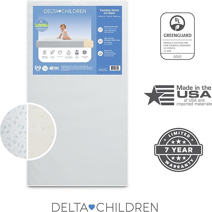 Delta Children Twinkle Stars Limited Premium Recycled Fiber Core Crib and Toddler Mattress - Waterproof Cover - GREENGUARD Gold Certified - Trusted 7 Year Warranty - Made in USA