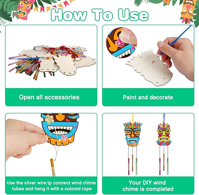 Fennoral 9 Pack Wind Chime Kit for Kids Make Your Own Tiki Wind Chime Wooden Arts and Crafts for Girls Boys DIY Coloring Hawaii Craft for Hawaii Summer Aloha Party Supplies Luau Party Decoration