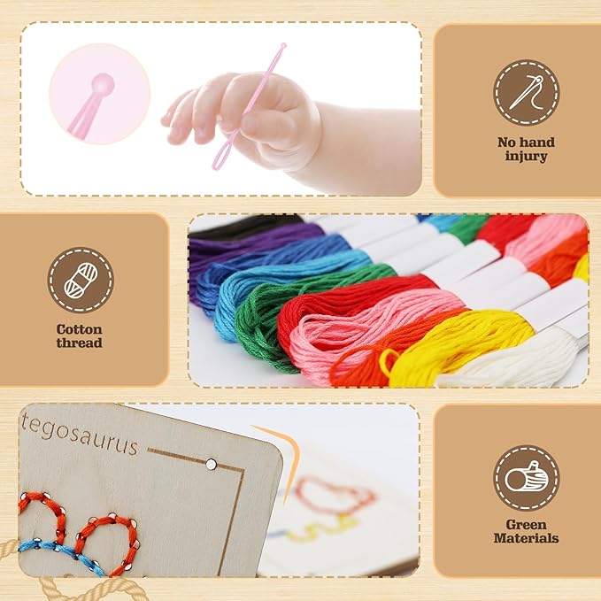 Montessori Wooden Lacing Dinosaur Toys for Toddlers and Kids Ages 2-4 5-7, Sewing Kit Fine Motor Skill Busy Board, Education Sensory Preschool Toy for 1 2 3 4 Year Olds, Birthday Gift for Boys Girls