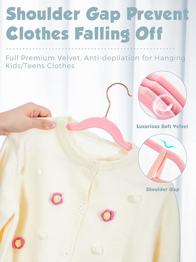 Smartor Kids Velvet Hangers 50 Pack, 14'' Inch Premium Non Slip Kids Felt Hangers for Closet, Space Saving Toddler Clothes Hanger for Youth's Childrens' Clothes (Rose Gold Hook)- Pink