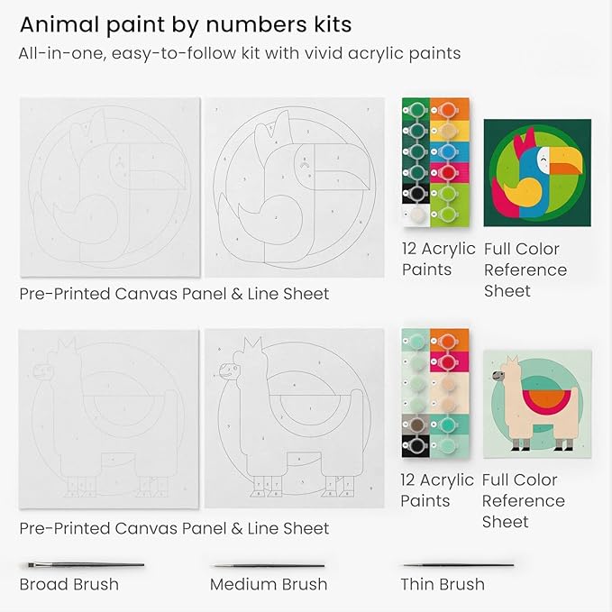 Arteza Kids Paint by Numbers Kit, 10 x 10 Inches, Pre-Printed Animal Canvas Painting Kit with 2 Canvases, 24 Acrylic Paint Pots, 3 Paintbrushes, Art Supplies for Developing Hand-Eye Coordination