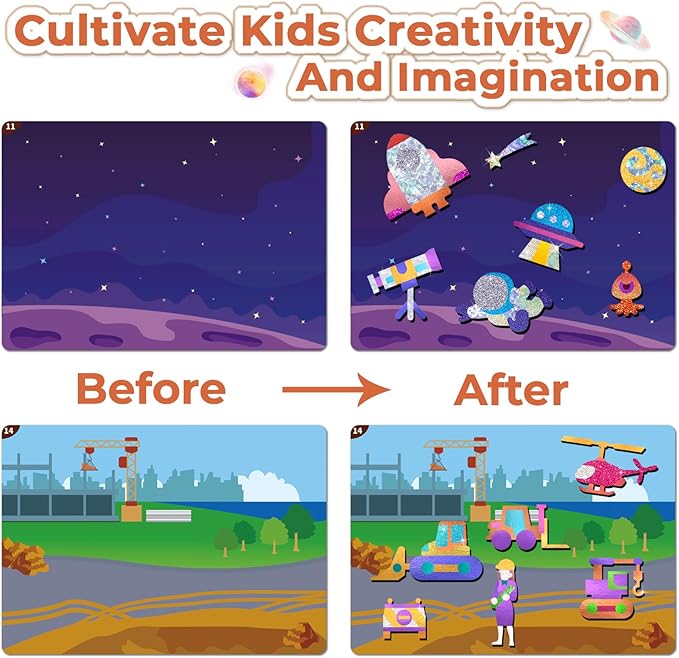 SOOVSY 200 Sheets Space Vehicles Foil Art Fun Kit for Kids, Foil Art for Kids, No Mess Art Crafts Kit DIY Creative Activity Birthday Gift Children Travel Toys for 4 5 6 7 8 9 Years Old Girls Boys