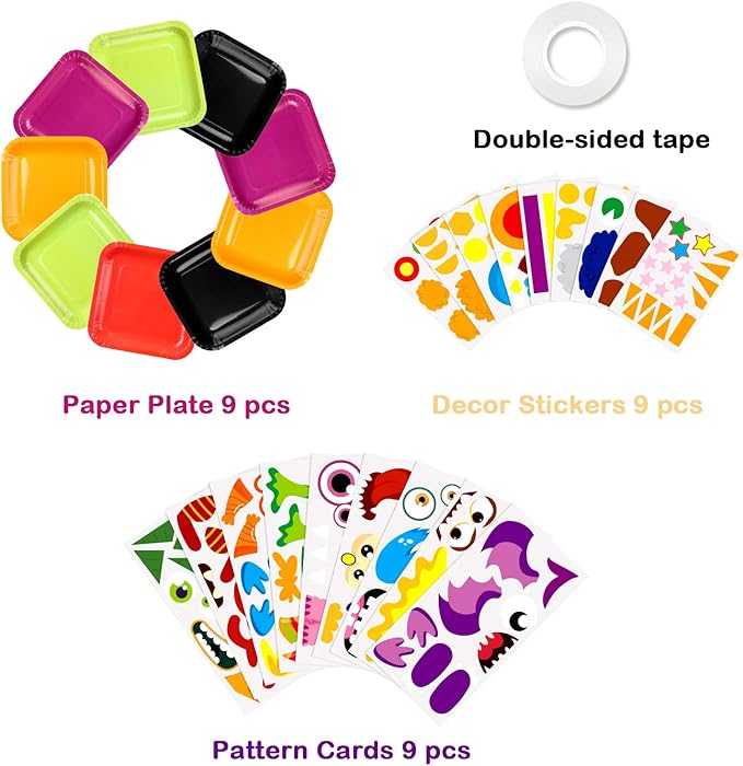 WATINC 9Pcs Monster Paper Plate Art Kits for Kids DIY Craft Sticker Card Preschool Family Games Educational Party Supplies Art Handmade Project Classroom Groups Activity Valentine's Day Decoration