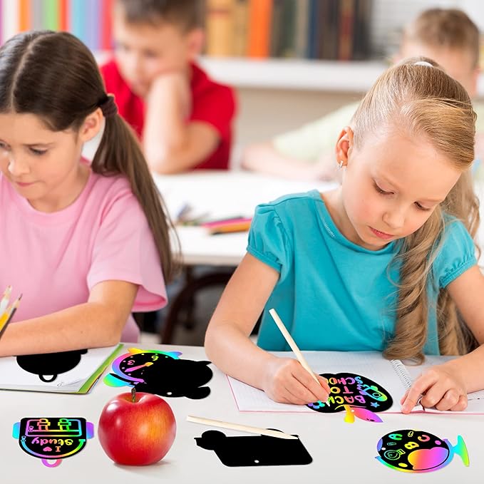 WATINC 60pcs Back to School Scratch Art for Kids, Paper Scratch Off Cards Craft Kit, Pencil Bus Bag Magic Color Bookmarks Party Favors, School Classroom Appreciation Activity DIY Project