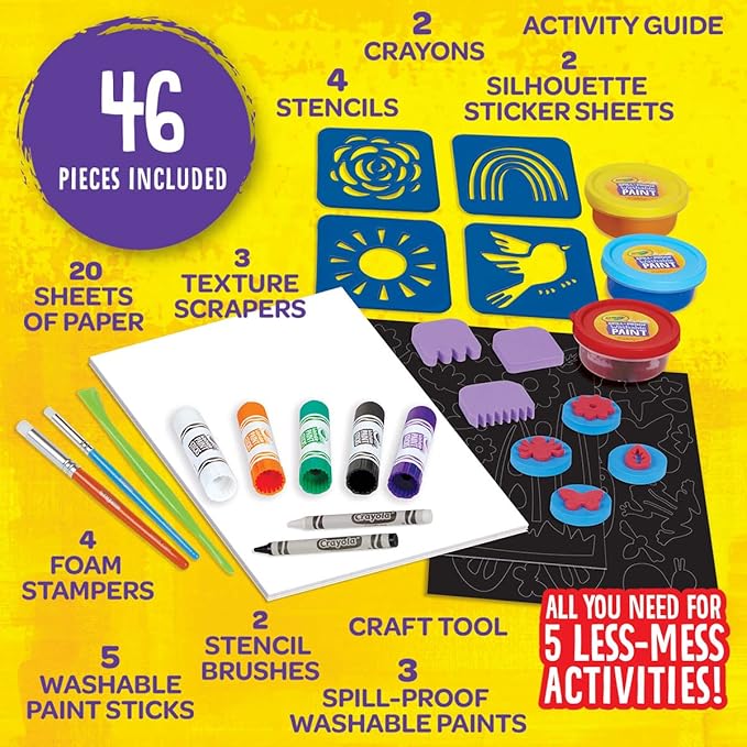 Crayola Less Mess Painting Activity Kit (46pcs), Kids Art Set, Washable Kids Paints, Gifts for Kids, Ages 4+