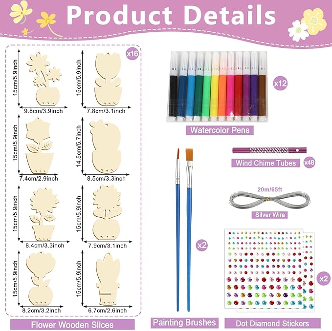 gisgfim 16 Pack Flower Wind Chime Crafts Kits for Kids Make Your Own Flower Wind Chime Wooden DIY Arts and Crafts Decoration for Birthday Party School Classroom Decorations Supplies Birthday Favors