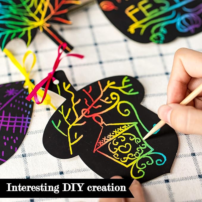 Whaline 60 Pack Fall Theme Rainbow Scratch Art Set Thanksgiving Black Scratch Paper Pumpkin Autumn Leaves Acorn Pattern with 60Pcs Ribbons and 15Pcs Wooden Styluses for Birthday Harvest Party Decor