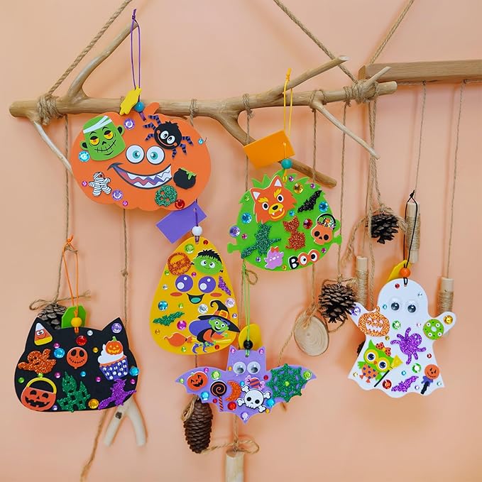 Winlyn 36 Sets Halloween Craft Kits Fall Crafts DIY Pumpkin Bat Black Cat Ghost Candy Corn Frankenstein Ornaments Art Sets Halloween Foam Stickers for Kids Classroom Activities Halloween Party Treats