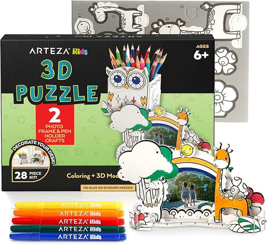 Arteza Kids 3D Puzzle, Owl & Giraffe to Craft, Photo Frame & Pen Holder Model Kit with 23 Foam Pieces, 5 Nontoxic Markers, and Easy-to-Follow Instructions, Art Supplies for Kids’ Activities