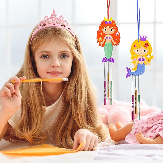 Fennoral 9 Pack Mermaid Wind Chime Kit for Kids Make Your Own Wind Chime Wooden Arts and Crafts for Girls Boys Ornaments DIY Coloring Mermaid for Summer Art Activity Birthday Party Decoration