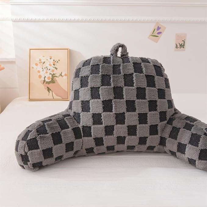 Aimuan Reading Pillow Checkered Bed Rest Wedge Backrest Checkerboard Pillow with Arms Back Support for Sitting Up in Bed Cushion Incline Rest Sleeping Snoring Pillow (Dark Grey,Large)