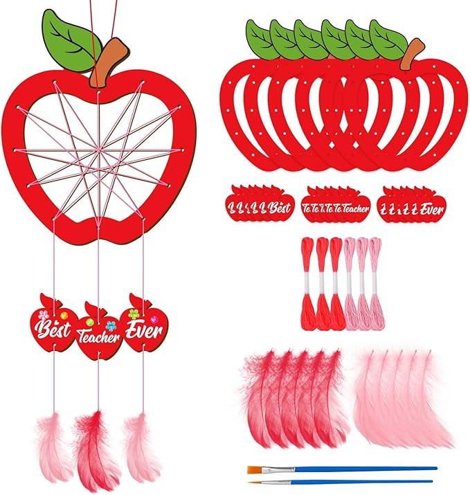 Fennoral 6 Pack Teacher Appreciation Dream Catcher Craft Kit for Kids Paint You Own Apple Dream Catcher DIY Coloring Wooden Art and Craft for Classroom Art Activity Teacher Appreciation Gifts