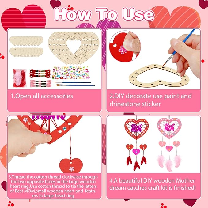 Fennoral 6 Pack Heart Dream Catcher Craft Kit for Kids Paint You Own Mother's Day Dream Catcher DIY Coloring Wooden Art and Craft for Art Activity Project Mom's Birthday Valentine's Day Decoration