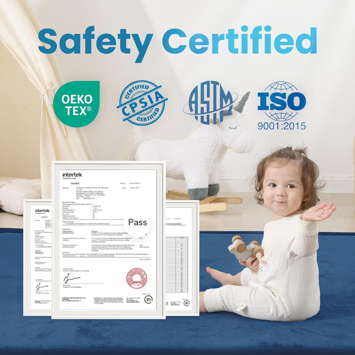 1.3" Thick Baby Play Mat,Ultra Soft Elasti-Foam 50×50 Playpen Mat for Tummy Time,Water-Repellent Coral Fleece Nursery Rug for Infants,Toddlers,Kids,Non-Slip Safe for Crawling(Royal Blue)