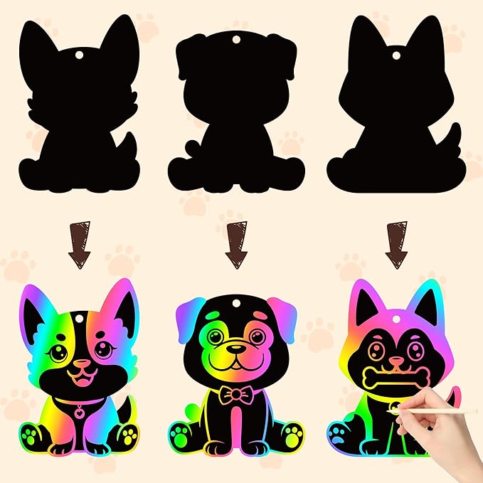 CY2SIDE Puppy Animal Color Scratch Bookmarks for Kids DIY Dog Scratch Card Craft Kit for Birthday Party Decors Puppy Dog Pet Magic Art Rainbow Color Craft Kit for Birthday Party Favor