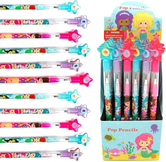 TINYMILLS 24 Pcs Mermaids Multi Point Stackable Push Pencil Assortment with Eraser for Shark Birthday Party Favor Prize Carnival Goodie Bag Stuffers Classroom Rewards Pinata Fillers