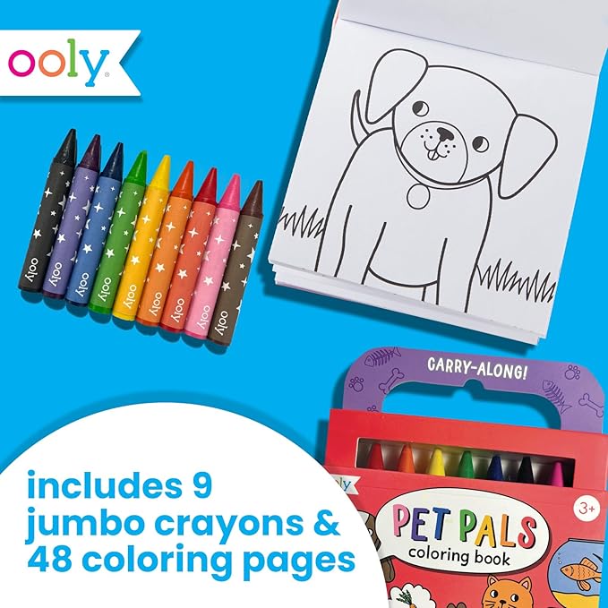 Ooly Travel Art Kit with 9 Jumbo Crayons & 48 Themed Coloring Pages & Case for Easy Traveling Art Creation, Perfect Airplane Travel Set to Entertain Kids - Pet Pals