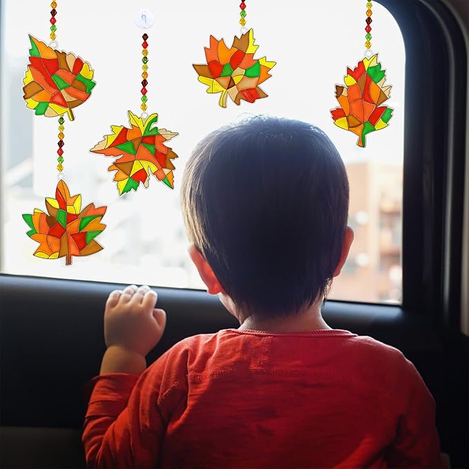 Winlyn 27 Sets Fall Leaf Suncatchers Ornaments DIY Window Paint Art Fall Craft Kits Maple Leaf Sun Catchers Painting Kits for Kids Classroom Activities Art Project Thanksgiving Autumn Party Decoration