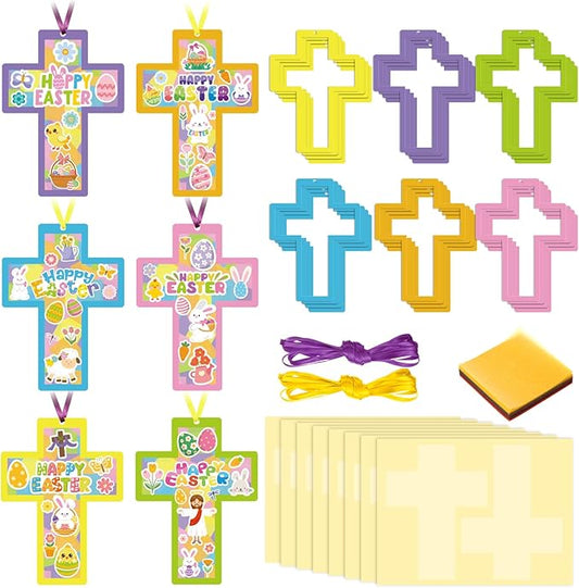 Tinlade 24 Set Happy Easter Suncatcher Craft Kit Religious Cross Suncatcher Craft Window DIY Tissue Paper Suncatcher Decoration Ornament for Easter Holiday Activities Sunday School VBS Party Favors