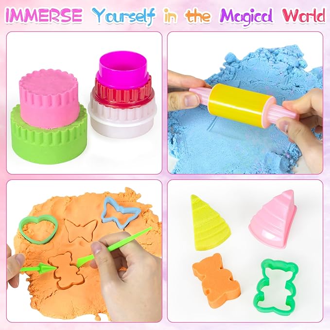 YongnKids Sensory Bin for Girls Kids,54 Pcs Ice Cream Cake Play Sand Art Kit with 2.2lb Color Sands/ 12 Cake Molds/Tools/Sandbox -Fun Sand Toys Birthday for Girls Toddler 3 4 5 6 Years Old