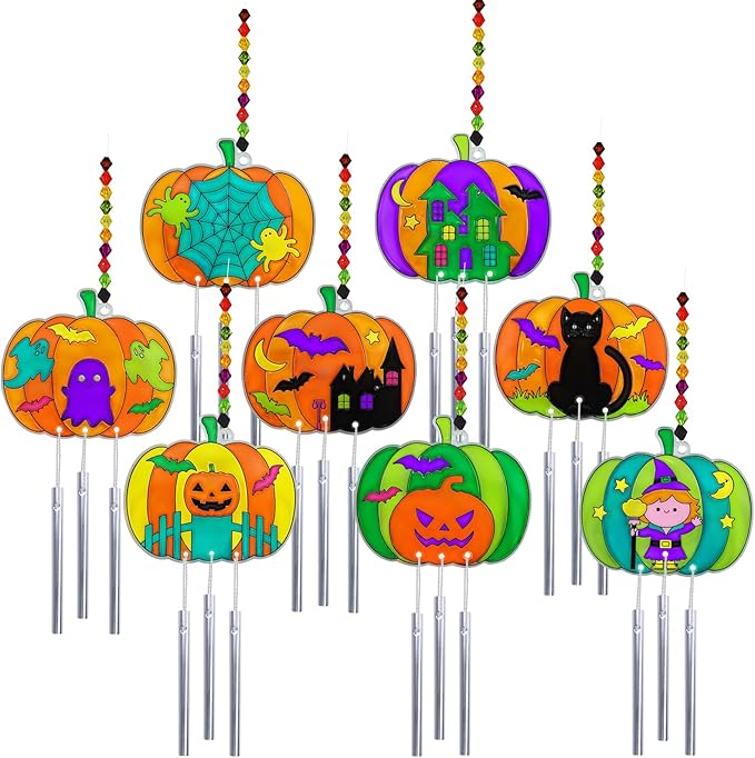 Winlyn 24 Sets Halloween Pumpkin Suncatcher Wind Chime Ornaments Decorations DIY Window Paint Art Suncatcher Craft Kits Pumpkin Sun Catchers for Kids Classroom Halloween Activities Holiday Art Project