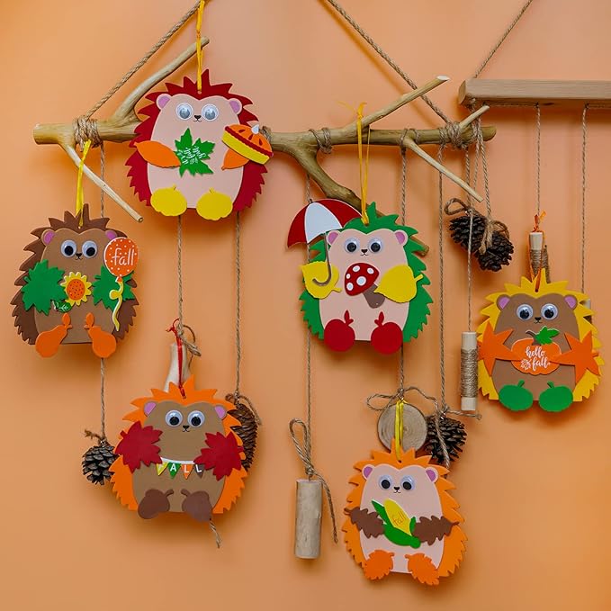 Winlyn Fall Craft Kits 24 Sets DIY Fall Hedgehog Ornaments Decorations Art Sets Autumn Maple Leaf Pumpkin Foam Stickers Googly Eyes for Kids Thanksgiving Halloween Classroom Activities Party Favors