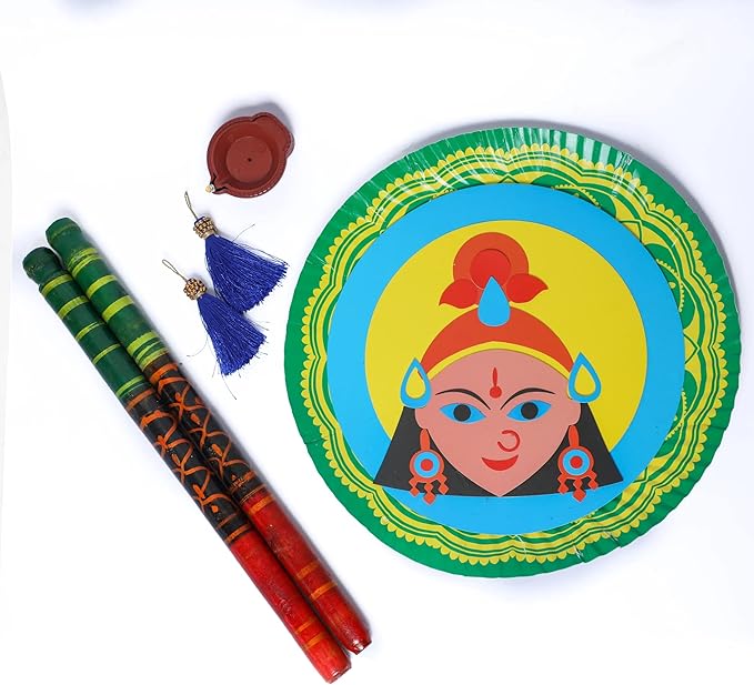 Desifavors Navratri Festive Kit | Puja Thali Kit | Decorated Gujarati Dandiya Sticks & Diya | Navratri Diwali Gifting | DIY Durga Puja Traditional Indian Craft Kit | 12 Inch (Pack of 1)