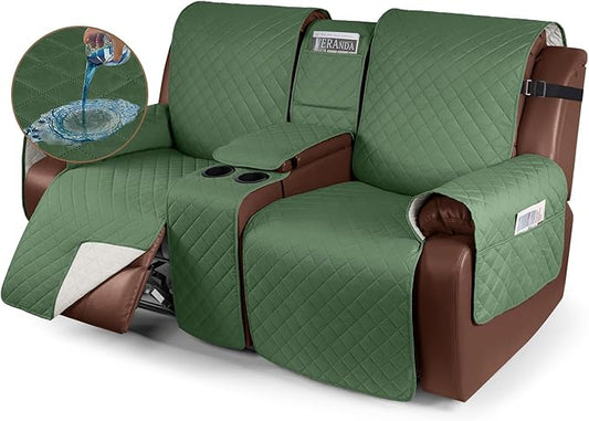 KinCam 100% Waterproof Recliner Loveseat Cover with Console, Non-Slip Reclining Couch Covers for 2 Seat, Recliner Sofa Cover Furniture Protector with Elastic Straps for Kids, Pets, Vine Green
