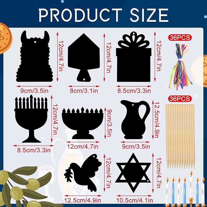 JULMELON Hanukkah Scratch Art, 36 PCS Hanukkah Craft Kits for Kids Rainbow Magic Scratch Art Chanukah Hanging Ornaments Scratch Paper for Hanukkah Decorations Kids Party Games Toys Gifts