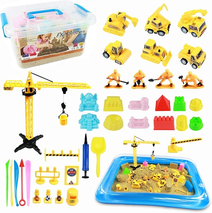 FYZ Brothers Play Sand Kit for Kids, 40 Pcs Sandbox Toys Set, 3lbs Sensory Sand, Sand Molding Tools, Construction Toys and Signs, Christmas Gift for Boys and Girls