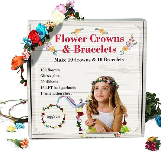 EggSun Flower Crown Making Kit for Girls Kids Gift Women Tea Party Craft Bracelet DIY Fancy Flower Crown Kit Kids Birthday Gift Floral Hair Arts & Crafts Easter Gift for Ages 5 6 7 12 Year Old Girls